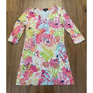 Charlie Paige Women Coral Reef Print Tunic Dress Pink Green 3/4 Sleeve Size S/M